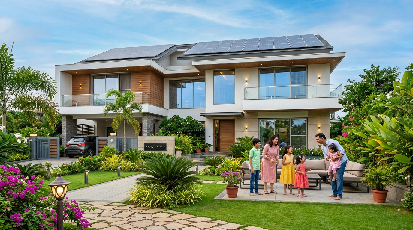 Indian family with solar panels installed on residential rooftop bungalow